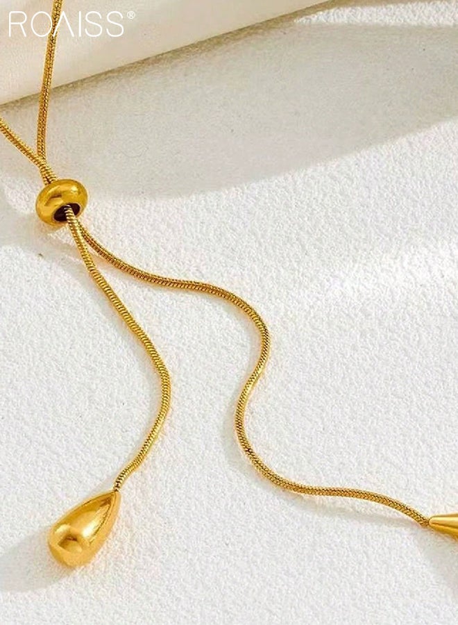 رويس مجموعة مجوهرات بسيطة من 3 قطع من السبائك المعدنية، قلادة مزدوجة أنيقة على شكل دمعة للنساء، أقراط ذهبية لامعة، إكسسوارات نسائية فاخرة وأنيقة، مناسبة للحفلات وحفلات الزفاف - Image 3