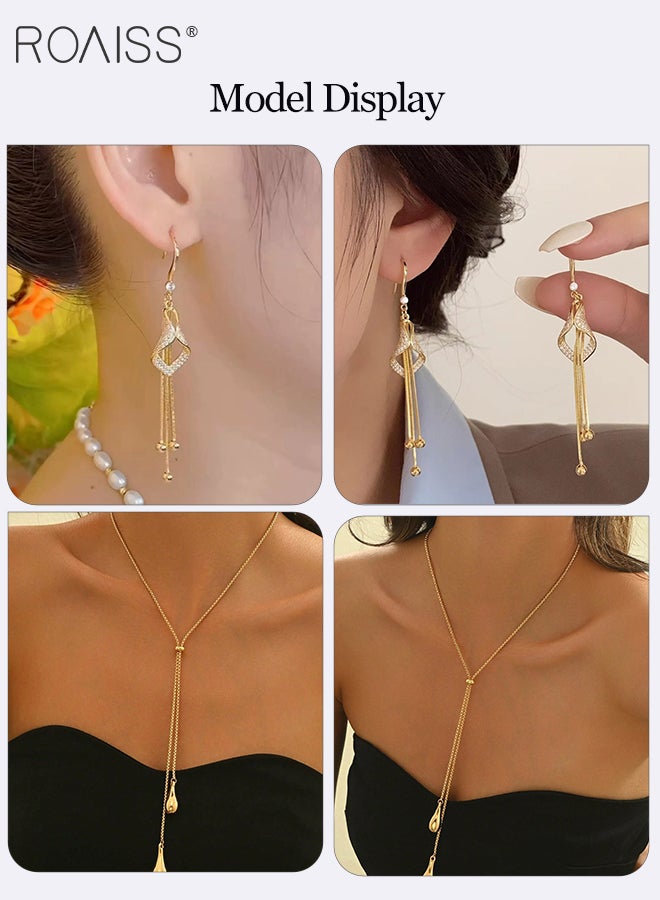 رويس مجموعة مجوهرات بسيطة من 3 قطع من السبائك المعدنية، قلادة مزدوجة أنيقة على شكل دمعة للنساء، أقراط ذهبية لامعة، إكسسوارات نسائية فاخرة وأنيقة، مناسبة للحفلات وحفلات الزفاف - Image 2