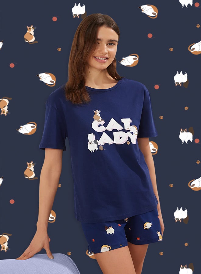 trendyol Navy Blue % Cotton Cat and Slogan Knitted Pajama Set with Shorts - Image 1