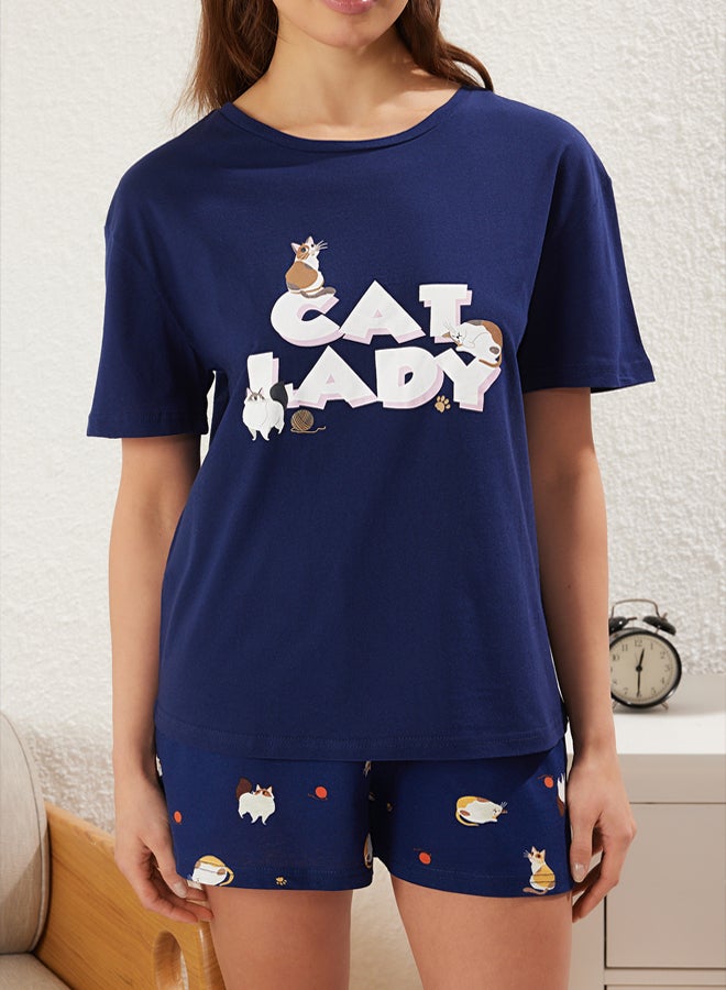 trendyol Navy Blue % Cotton Cat and Slogan Knitted Pajama Set with Shorts - Image 4