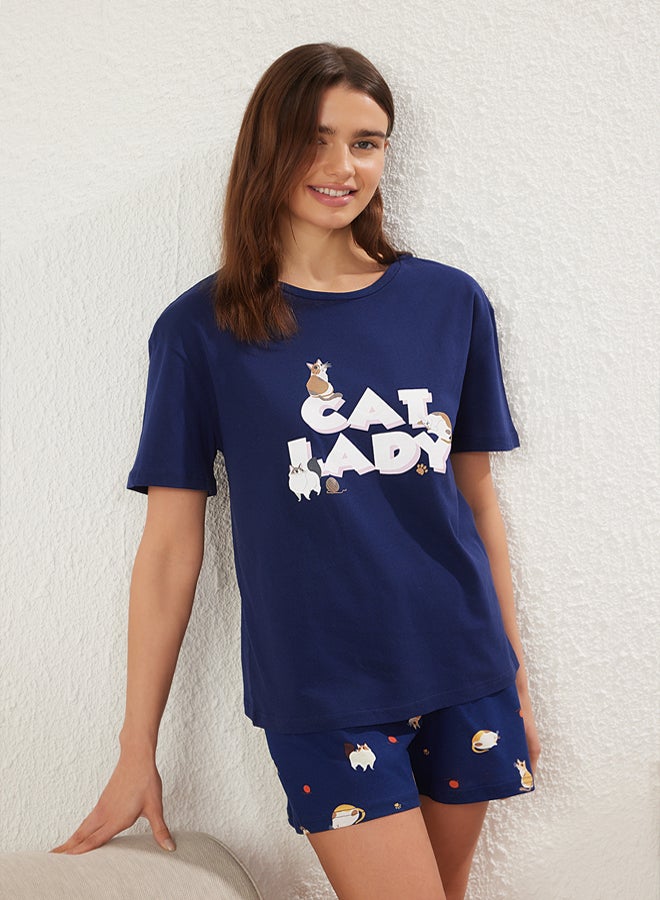 trendyol Navy Blue % Cotton Cat and Slogan Knitted Pajama Set with Shorts - Image 2