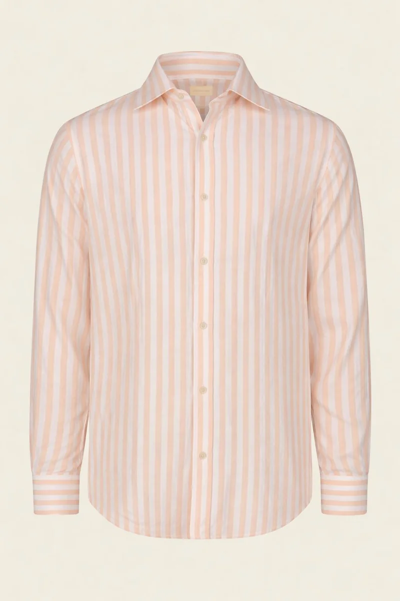 Men's casual shirt with French collar in striped washed linen and cotton fabric - White/Peach