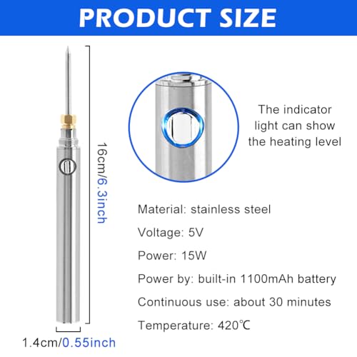Loyanger USB Rechargeable Portable Soldering Iron Kit, 1100mah 5V 15W Rapid Heat 788°F Cordless Soldering Iron Pen Kit Charging Welding Tool for Jewelry, Electronic, Household, DIY(COLOR:silver) - Image 2