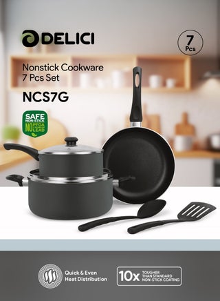 7 Piece Aluminium Nonstick Cookware Set,10X Tougher Coating,Casserole With Lid(24cm),Saucepan With Lid(18cm),Tempered Glass Lids, Frypan(24cm),2 Nylon Spatula, Compatible For all Surface-NCS7G - pzsku/Z944123814AE96EA8CC46Z/45/1742789185/d9d47fed-5fd1-4ad8-8fad-4ec904dd82dc