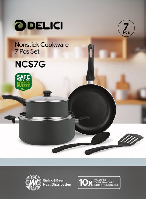 7 Piece Aluminium Nonstick Cookware Set,10X Tougher Coating,Casserole With Lid(24cm),Saucepan With Lid(18cm),Tempered Glass Lids, Frypan(24cm),2 Nylon Spatula, Compatible For all Surface-NCS7G