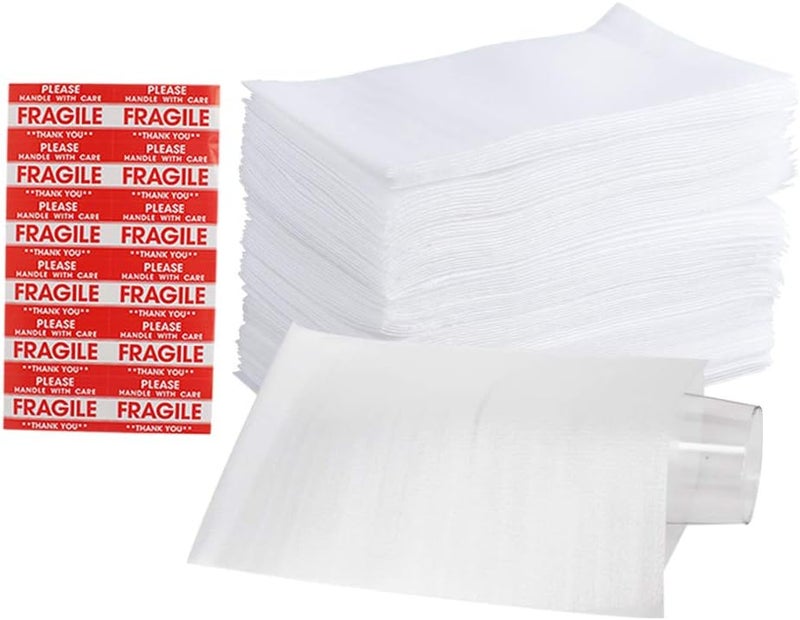 zmybcpack 100 Pack 7.5”x 12" Foam Wrap Cushion Pouches (0.75mmThickness), Extra 5 Pack Fragile Stickers Labels(60 pcs) - Protect Dishes, Glasses, Porcelain & Fragile Items, for Moving, Packing - Image 1