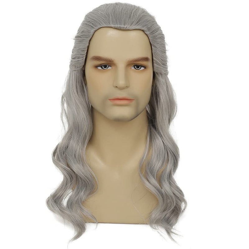 Long Grey Curly Men Wigs Wavy Synthetic Mullet Wig 70s 80s Natural Rocker Mullet Party Funny Wig Costume Wig