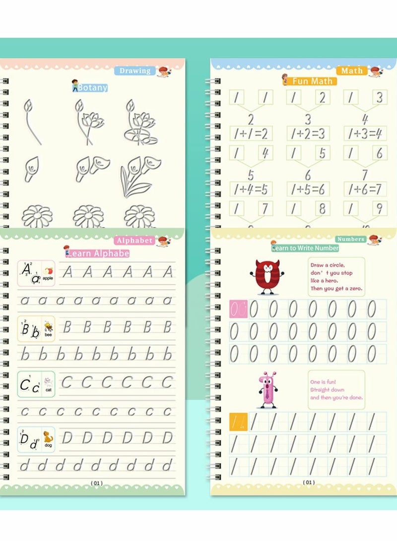 SYOSI دفتر نسخ سحري للأطفال، 4 قطع كتيبات دراسة الكتابة باللغة الإنجليزية، دفاتر ممارسة الخط للأطفال القابلة لإعادة الاستخدام مع قلم سحري - Image 2