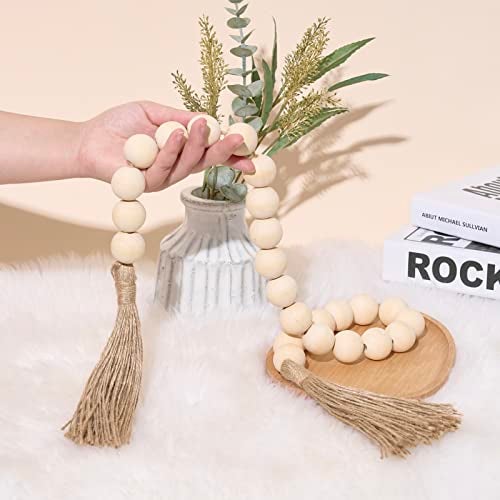 OMISHE 40" Long Large Wood Bead Garland with 1.2" Diameter Wooden Beads and Tassels, Rustic Farmhouse Country Wood Beads Garland for Home Tiered Tray Decor, Decorative Beads with Tassels Beige - Image 1