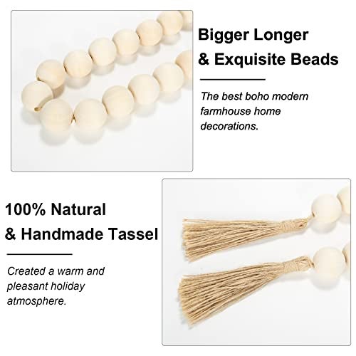 OMISHE 40" Long Large Wood Bead Garland with 1.2" Diameter Wooden Beads and Tassels, Rustic Farmhouse Country Wood Beads Garland for Home Tiered Tray Decor, Decorative Beads with Tassels Beige - Image 5
