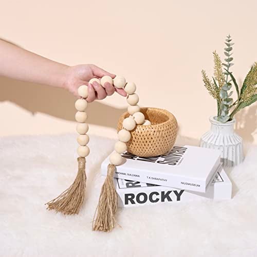 OMISHE 40" Long Large Wood Bead Garland with 1.2" Diameter Wooden Beads and Tassels, Rustic Farmhouse Country Wood Beads Garland for Home Tiered Tray Decor, Decorative Beads with Tassels Beige - Image 2