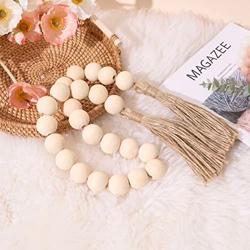 OMISHE 40" Long Large Wood Bead Garland with 1.2" Diameter Wooden Beads and Tassels, Rustic Farmhouse Country Wood Beads Garland for Home Tiered Tray Decor, Decorative Beads with Tassels Beige - Image 4