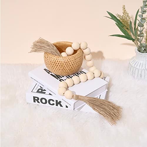 OMISHE 40" Long Large Wood Bead Garland with 1.2" Diameter Wooden Beads and Tassels, Rustic Farmhouse Country Wood Beads Garland for Home Tiered Tray Decor, Decorative Beads with Tassels Beige - Image 3