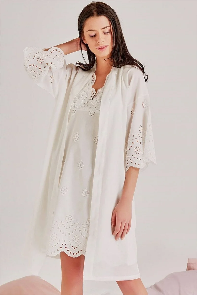ماجيك فورم 46108 Women's Ecru Self-Embroidered Cotton Single Dressing Gown