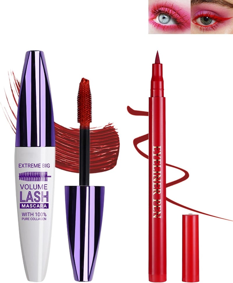 Lestpola Red Waterproof Mascara & Eyeliner Set, 5D Silk Fiber Liquid Lash Extensions Colored Tubing Mascara Volume and Length, Long Lasting, Smudge-Proof Curling Non-Clumping Mascara and Eyeliner Pen for Women - Image 1