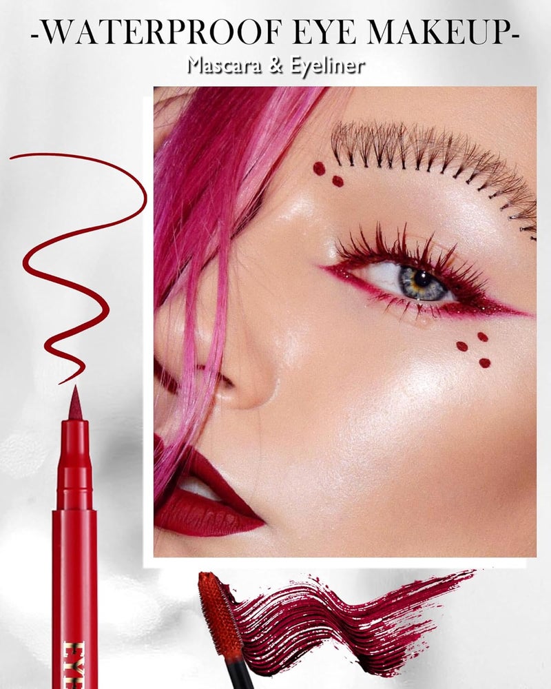 Lestpola Red Waterproof Mascara & Eyeliner Set, 5D Silk Fiber Liquid Lash Extensions Colored Tubing Mascara Volume and Length, Long Lasting, Smudge-Proof Curling Non-Clumping Mascara and Eyeliner Pen for Women - Image 2