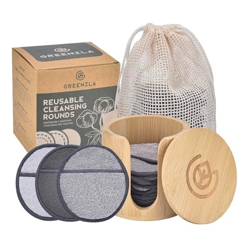 Greenzla Reusable Makeup Remover Pads Premium Set 12 Pack Microfiber Cotton Pads Charcoal Cotton Rounds Bamboo Terry Face Wipes for All Skin Types with Mesh Laundry Bag and Bamboo Storage - Image 1