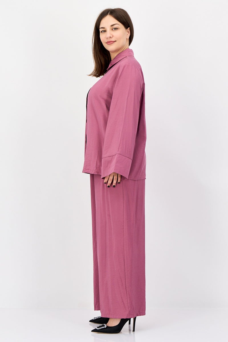 bebe Women 2 Pcs Long Sleeve Shirt And Pants Set, Old Rose - Image 2