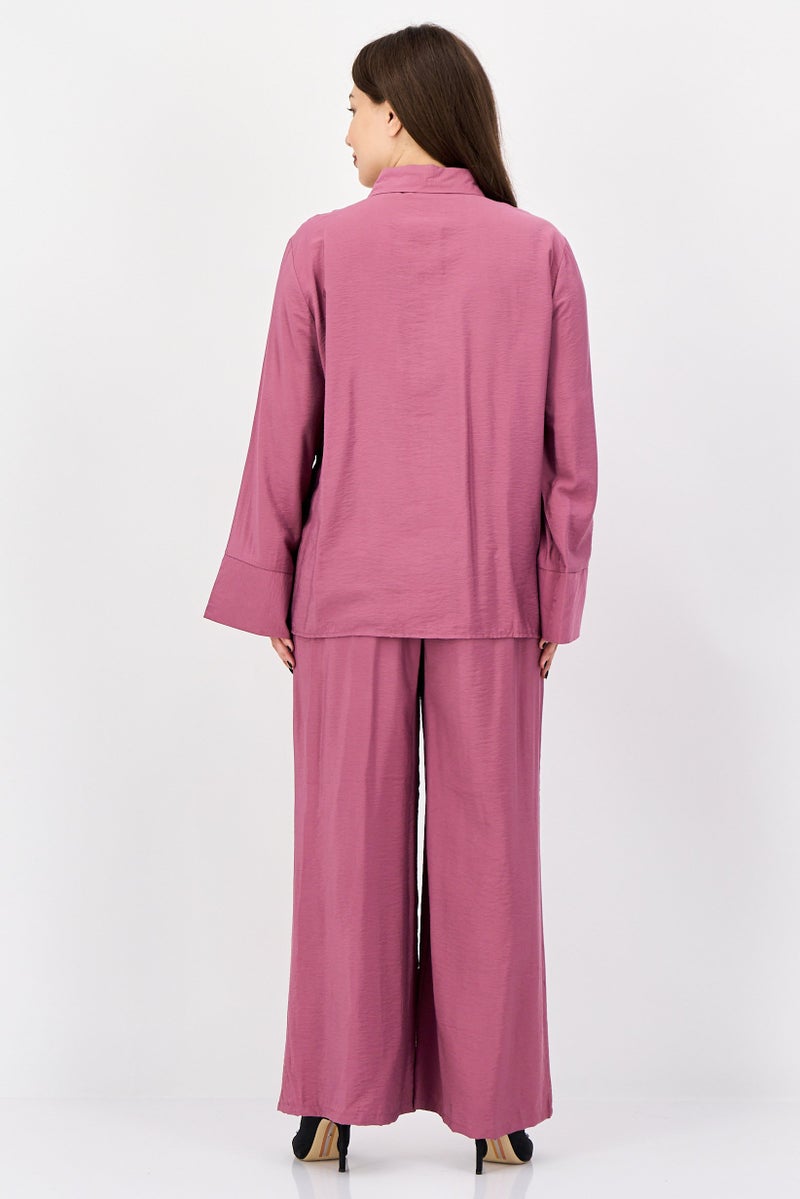 bebe Women 2 Pcs Long Sleeve Shirt And Pants Set, Old Rose - Image 4