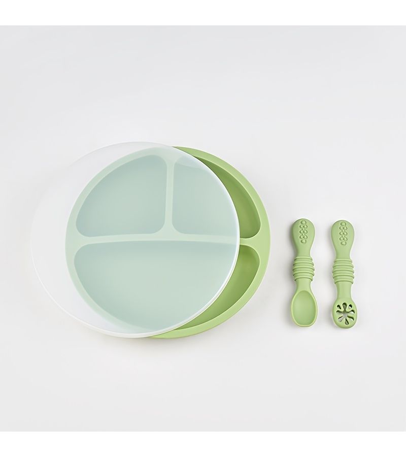 Gray Blue Kids Dinnerware Set 4pcs Baby Plate Bowl Spoon and Suction Cup Toddler Feeding Tools for Self Feeding Ages 1 to 6 Unisex Birthday Gift - Image 2
