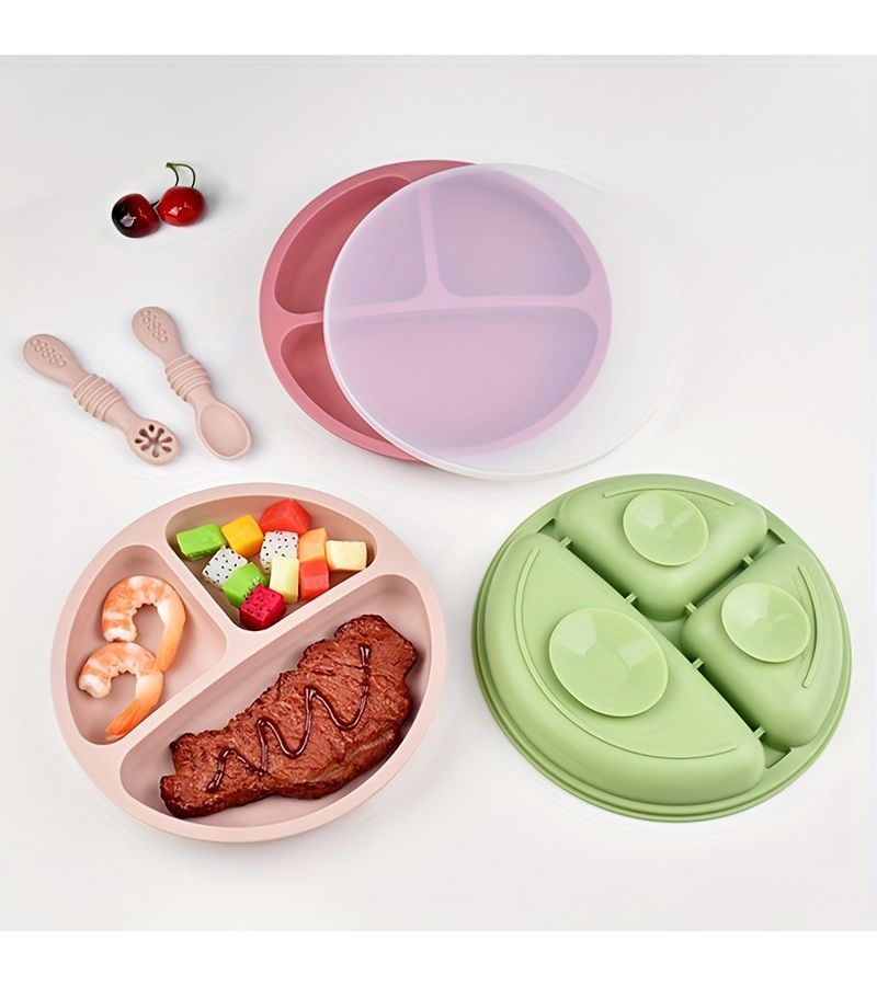 Gray Blue Kids Dinnerware Set 4pcs Baby Plate Bowl Spoon and Suction Cup Toddler Feeding Tools for Self Feeding Ages 1 to 6 Unisex Birthday Gift - Image 1