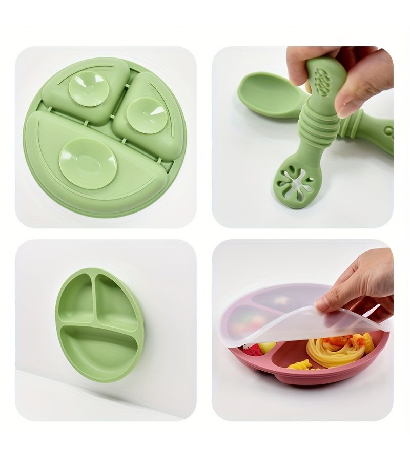 Gray Blue Kids Dinnerware Set 4pcs Baby Plate Bowl Spoon and Suction Cup Toddler Feeding Tools for Self Feeding Ages 1 to 6 Unisex Birthday Gift - Image 4