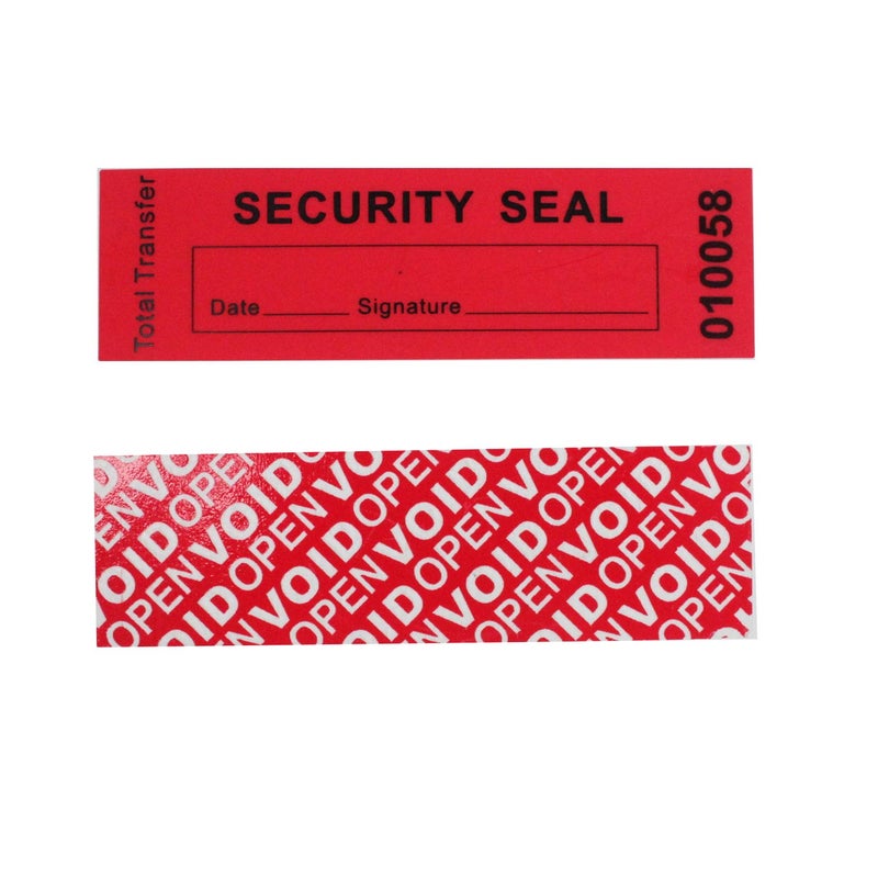 TamperSeals Group - 100pcs 100% Total Transfer Tamper Evident Security Warranty Void Stickers/Labels/Seals (Red, 1 x 3.35 Inches, Serial Numbers) - Image 1