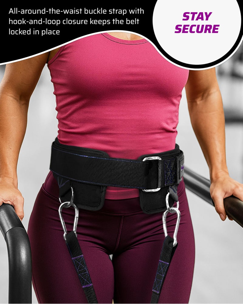 THEFITGUY Womenâ€™s Weighted Dip Belt â€“ Contoured No-Pinch Fit for Dips, Pull-Ups & Squats | Designed for Womenâ€™s Hips | Sleek Black with Purple Stitching, Secure Buckle, 2 Straps & Hooks Included - Image 4