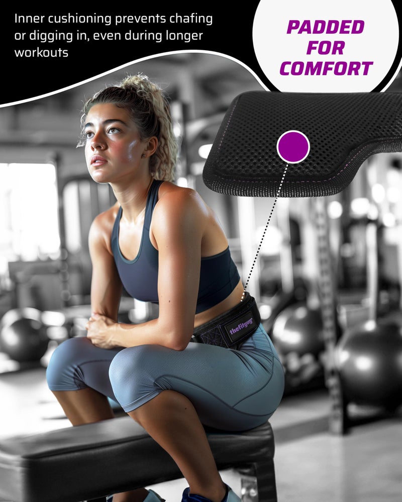 THEFITGUY Womenâ€™s Weighted Dip Belt â€“ Contoured No-Pinch Fit for Dips, Pull-Ups & Squats | Designed for Womenâ€™s Hips | Sleek Black with Purple Stitching, Secure Buckle, 2 Straps & Hooks Included - Image 5