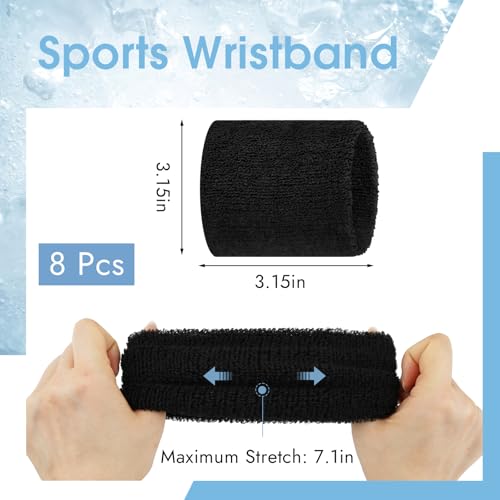 PEASUG 8 Pcs Sports Wrist Sweat Bands for Men & Women，Absorbent Wrist Sweatbands Tennis Wristbands, Elastic Wrist Bands for Sweat for Basketball Tennis Football Gym Running Working Out, Black - Image 2