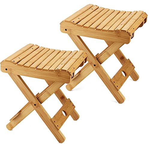 MOUYAT 2 Pack 12 Inch Bamboo Folding Stool, Foldable Foot Step Stool, Natural Bamboo Shower Bench Seat Toilet Stool for Bathroom Showers, Saunas, Fishing, 11 x 11 x 12.6 Inch - Image 1