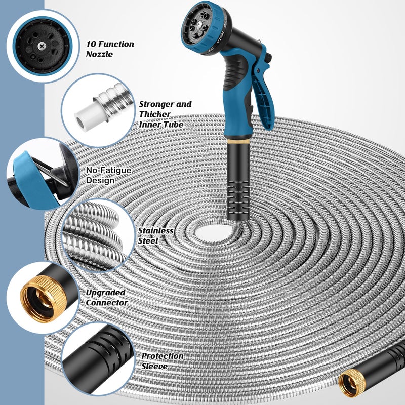 Advinski Garden Hose 100FT, Water Hose with 10 Function Nozzle, Garden Hose Metal with Leak-proof Connectors, No-Kink, Lightweight, Puncture-proof, Pet-proof, Sturdy, 550PSI, Hose for Outdoor, Yard - Image 2