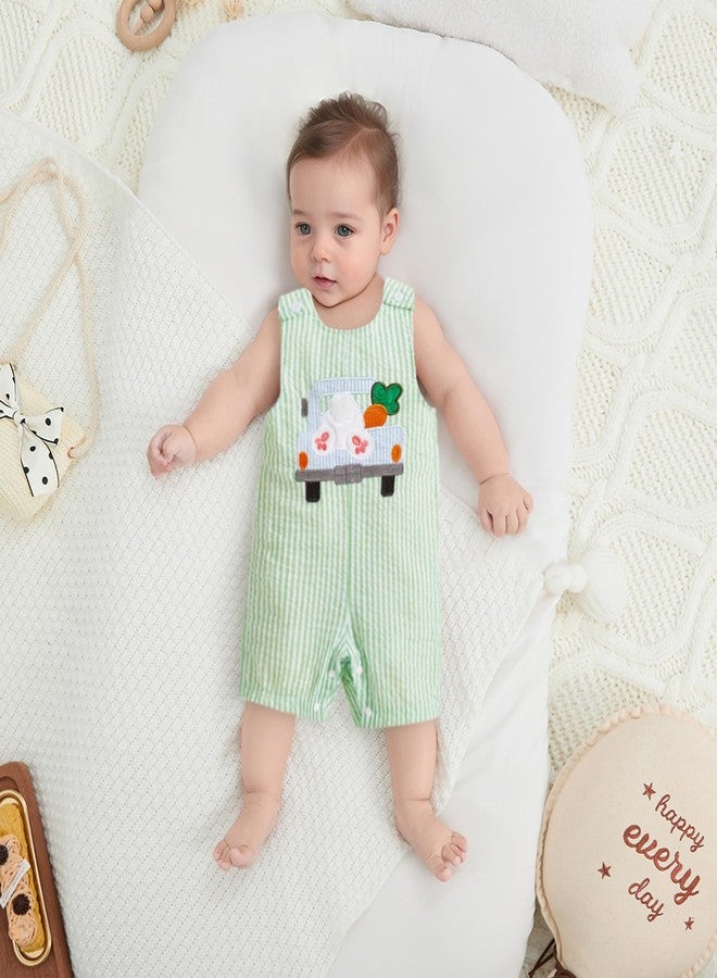 SAYOO Newborn Baby Boy Easter Outfit Sleeveless Embroidery Striped Bunny Eggs Romper Jumpsuit Infant First Easter Shortalls (Green 2, 12-18 Months) - Image 2