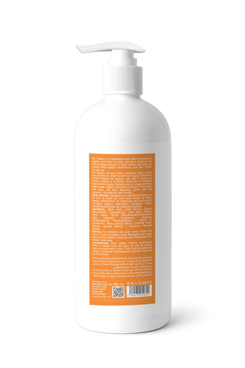 ريكو RICO Brightening Body Lotion with Papaya Extract, Vitamin B3, Licorice Extract, 500 ml, All Skin Types - Image 2