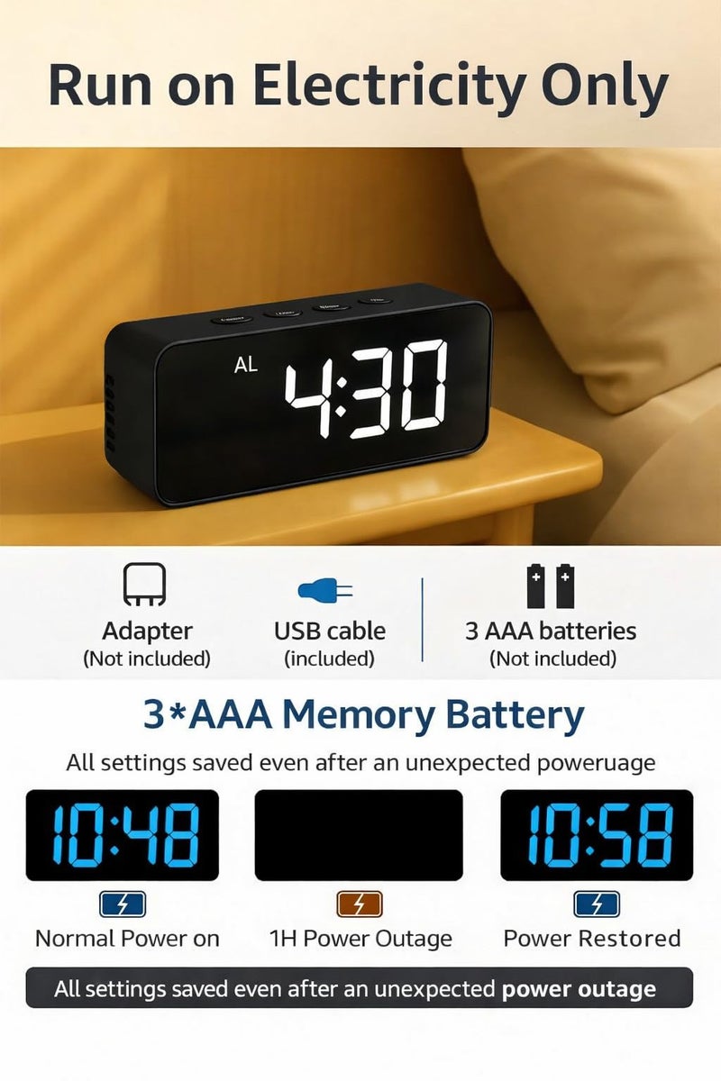 Vaanar Sena Smart LED Digital Alarm Clock with Loud Alarm, Temperature & Date Display | USB Powered Table Alarm Clock for Bedroom & Office, USB Cable for Continuous Display-Black - Image 4
