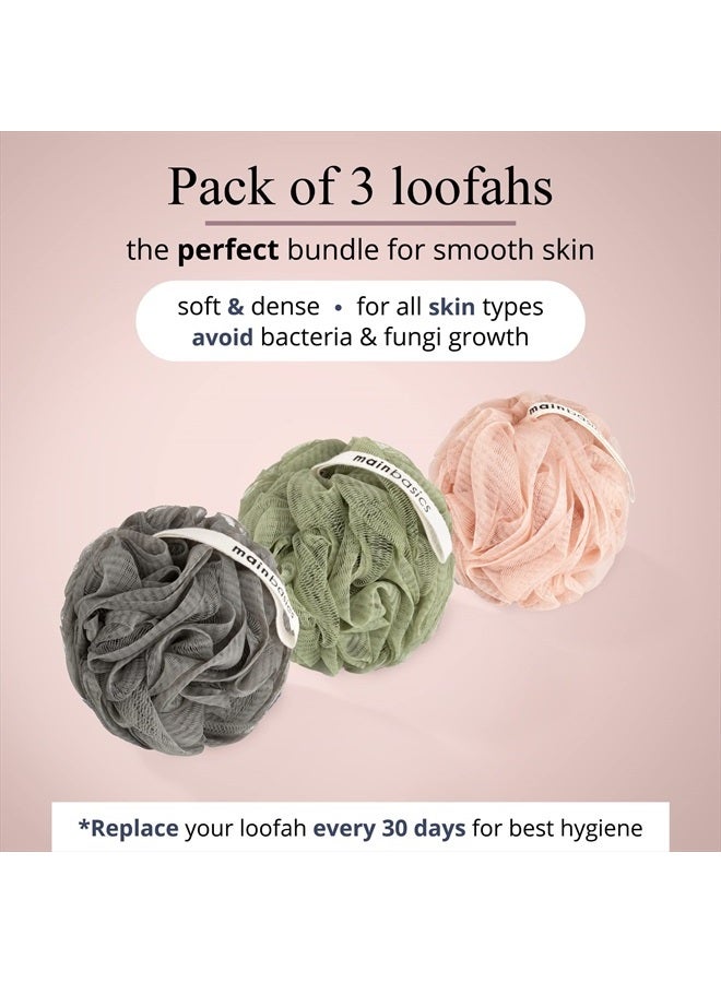 MainBasics Bath Shower Loofah Sponge Pouf Body Wash Scrubber (Set of 3) (Earthy Love) - Image 2
