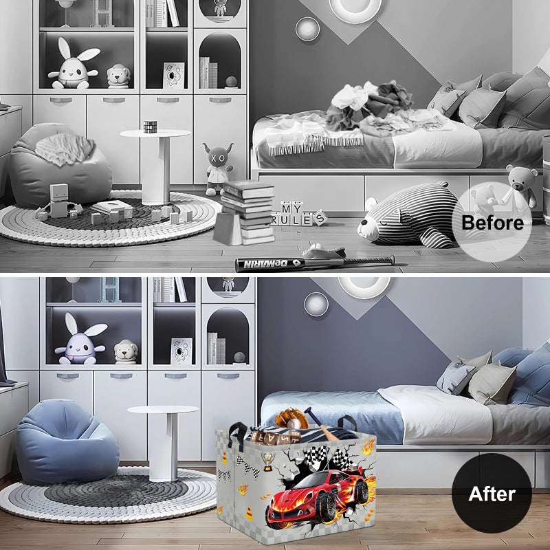 Clastyle Sport 3D Racing Car Boy Room Basket Racing Flag Monster Truck Toy Book Shelf Basket Large Rectangle Collapsible Dirty Clothes Storage Bin, Grey, 40 * 30 * 30 cm - Image 2