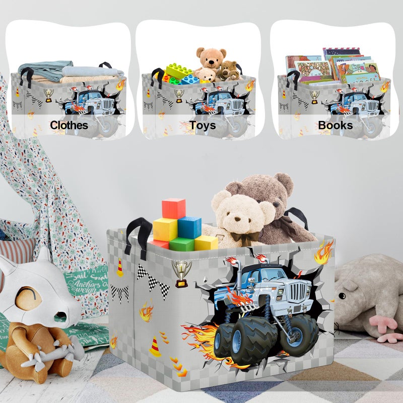 Clastyle Sport 3D Racing Car Boy Room Basket Racing Flag Monster Truck Toy Book Shelf Basket Large Rectangle Collapsible Dirty Clothes Storage Bin, Grey, 40 * 30 * 30 cm - Image 5