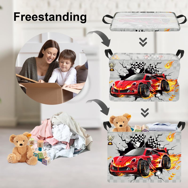 Clastyle Sport 3D Racing Car Boy Room Basket Racing Flag Monster Truck Toy Book Shelf Basket Large Rectangle Collapsible Dirty Clothes Storage Bin, Grey, 40 * 30 * 30 cm - Image 3