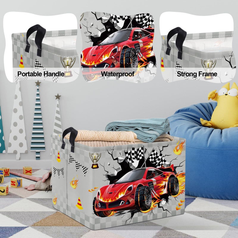 Clastyle Sport 3D Racing Car Boy Room Basket Racing Flag Monster Truck Toy Book Shelf Basket Large Rectangle Collapsible Dirty Clothes Storage Bin, Grey, 40 * 30 * 30 cm - Image 4