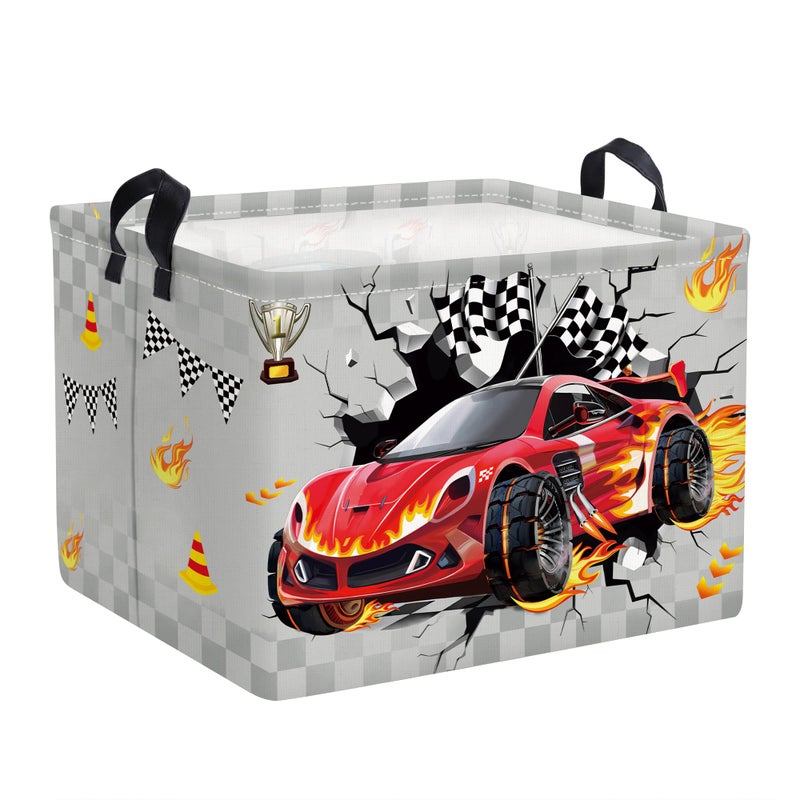 Clastyle Sport 3D Racing Car Boy Room Basket Racing Flag Monster Truck Toy Book Shelf Basket Large Rectangle Collapsible Dirty Clothes Storage Bin, Grey, 40 * 30 * 30 cm - Image 1
