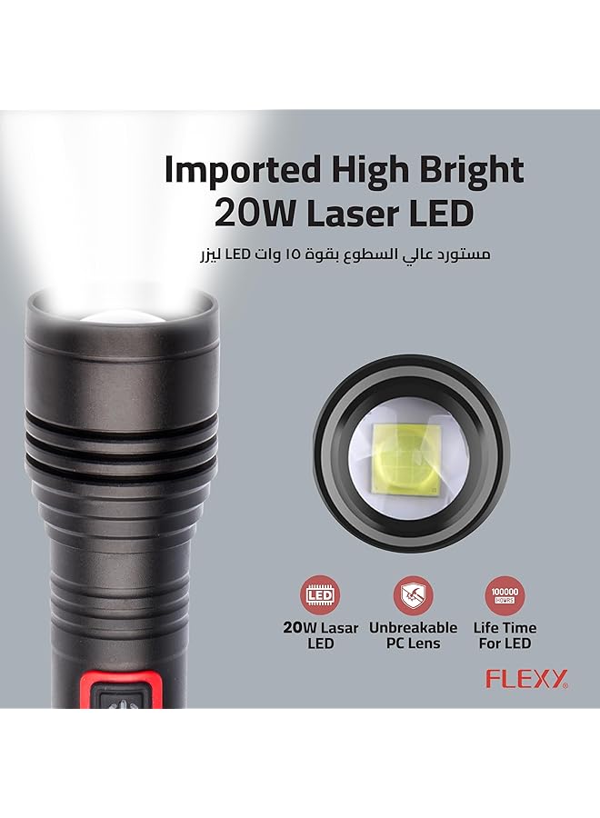 Flexy Rechargeable LED Flashlight Torch: 600m Range 20W Laser LED 500 600 Lumens 5000mAh Battery Aircraft Aluminum Build Type C Charging Lifetime LED 2 Year Warranty for Reliable Performance  - Image 2