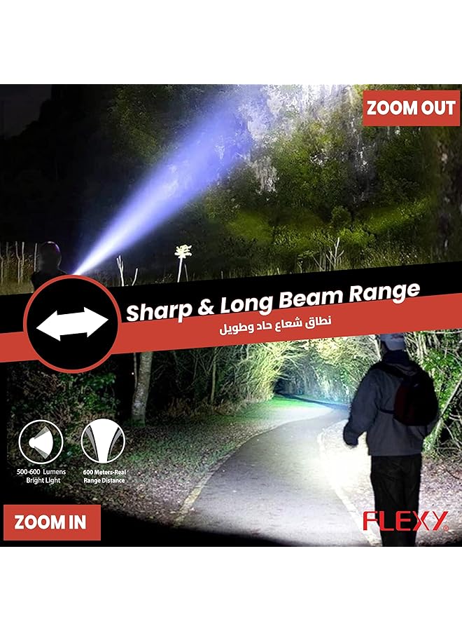 Flexy Rechargeable LED Flashlight Torch: 600m Range 20W Laser LED 500 600 Lumens 5000mAh Battery Aircraft Aluminum Build Type C Charging Lifetime LED 2 Year Warranty for Reliable Performance  - Image 3