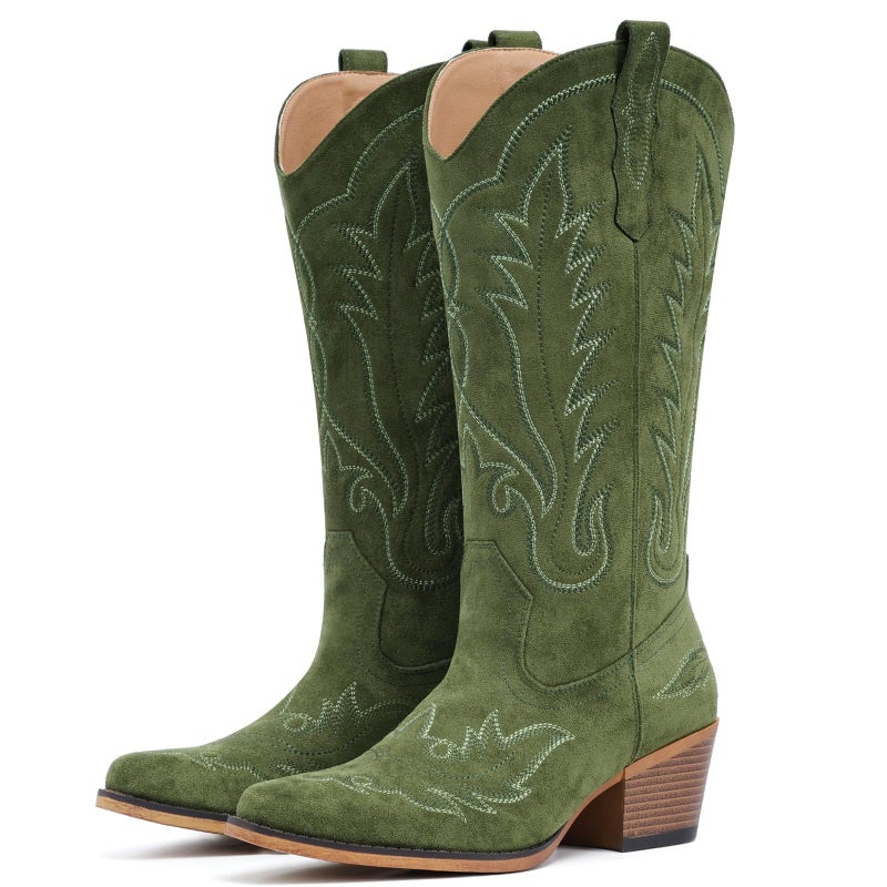 Fioralie Suede Cowboy Boots for Women Western Mid Calf Cowgirl Boots with Embroidered, Retro Snip Toe Fashion Boot With Chunky Block Heel Summer Fall Country Music Festival Cowboy Chic - Image 1