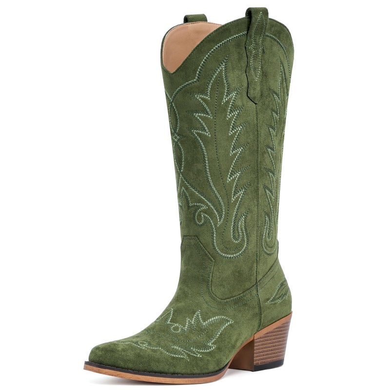 Fioralie Suede Cowboy Boots for Women Western Mid Calf Cowgirl Boots with Embroidered, Retro Snip Toe Fashion Boot With Chunky Block Heel Summer Fall Country Music Festival Cowboy Chic - Image 4
