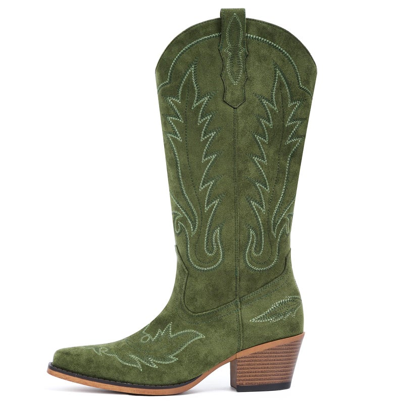 Fioralie Suede Cowboy Boots for Women Western Mid Calf Cowgirl Boots with Embroidered, Retro Snip Toe Fashion Boot With Chunky Block Heel Summer Fall Country Music Festival Cowboy Chic - Image 5