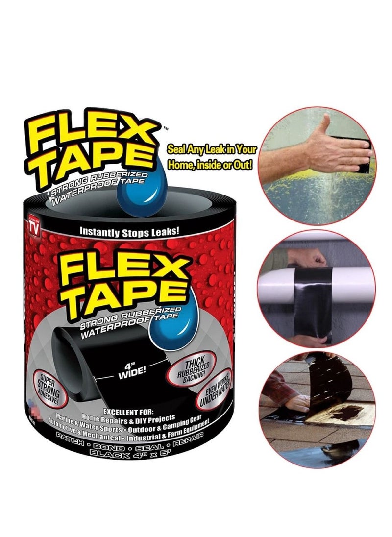 FLEX TAPE Flex Tape Black Flexible Sealing Adhesive Tape 4"x5' Rubber Waterproof Strong Black 