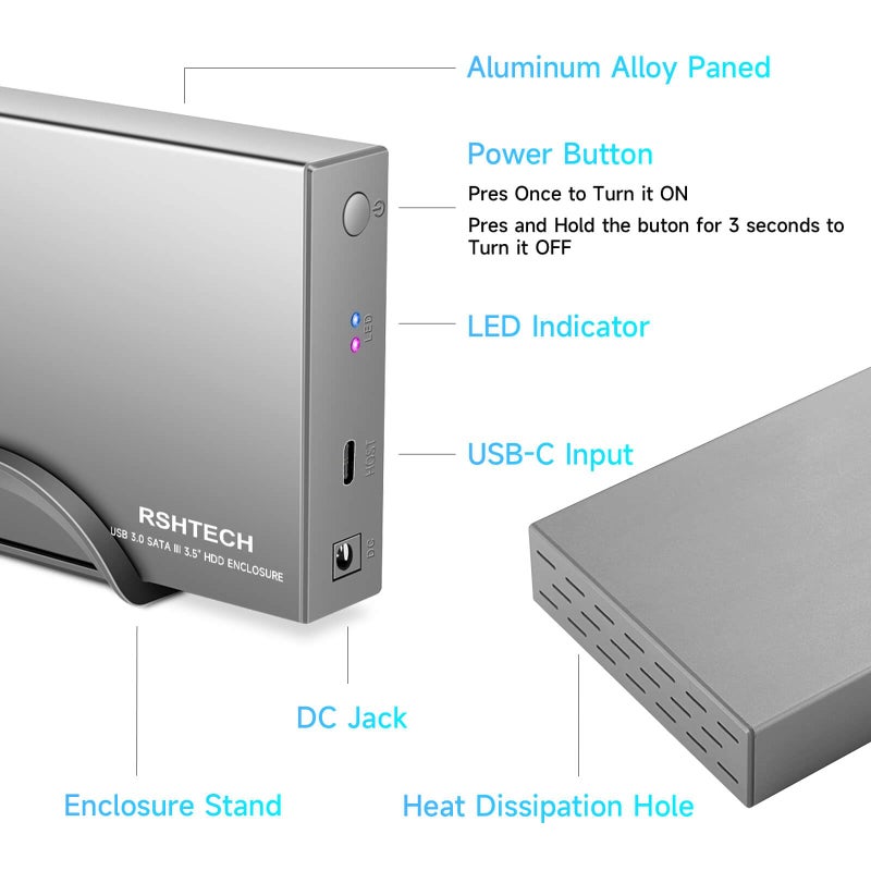 RSHTECH Hard Drive Enclosure Upgraded Version 3.5" Aluminum USB C to SATA External Hard Drive Dock Case for 3.5 inch HDD & SSD up to 24TB, with 2-in-1 USB Cable, Support UASP - Image 5