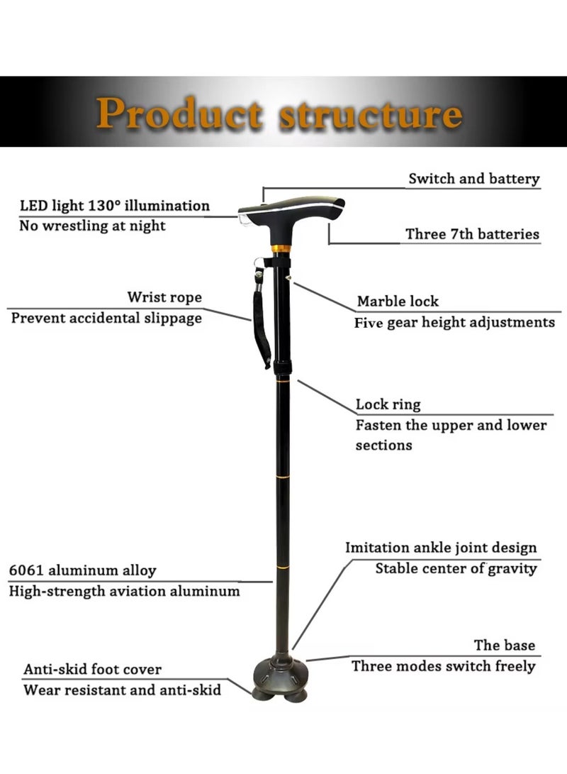 Yuwell Canes Foldable And Retractable Walking Stick For Men And Women Walking Stick Human Bionics Wear Resistant Non-Slip Pad Elderly Crutch Body Mechanics, Bionics Design Principles Cane Ultimate Magic Cane With LED Light Aluminum Alloy Regimen Security Balance Convenient 5 Major Functions Three-Point Support, Four Fold, Five Telescopic Rotating Bending The Handle Lighting Black - Image 5