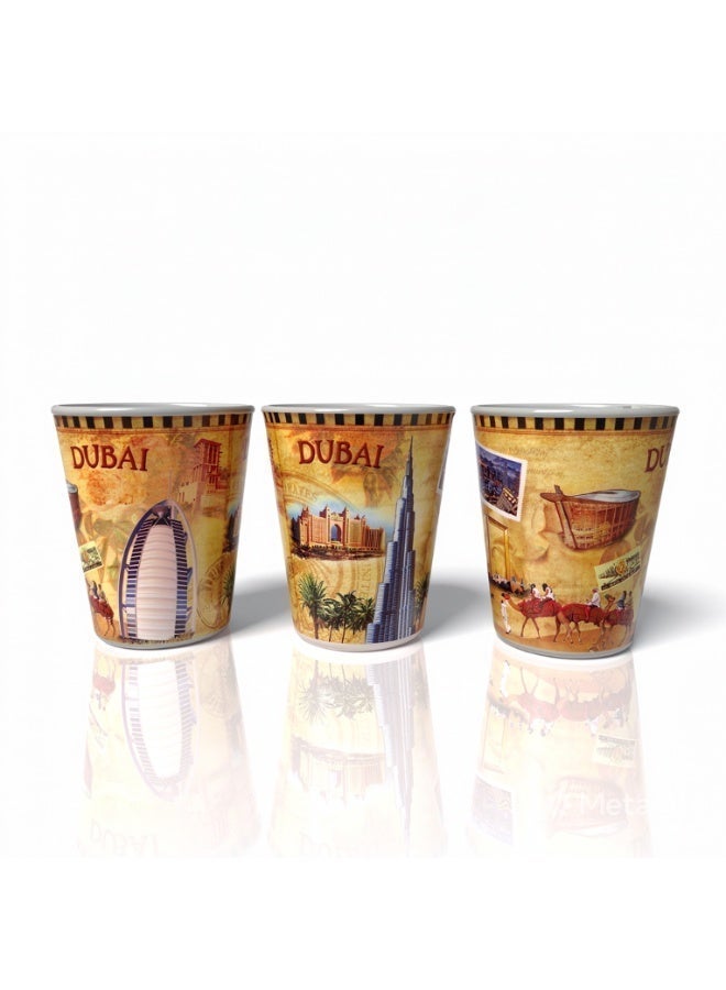 Souvenir Souq Dubai Souvenir Shot Glass Set of 3, Gold Vintage UAE Landmarks Cup with Burj Khalifa Burj Al Arab Atlantis, Gift Box - Image 1